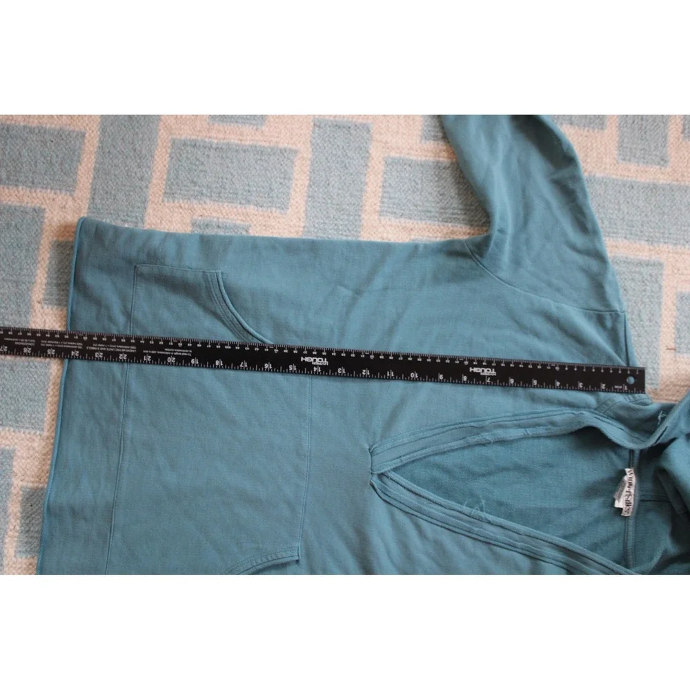 WinterSilks M Teal Blue Spun Silk Cotton V-Neck Hoodie Kangaroo Pocket Raw Hem - Picture 8 of 8